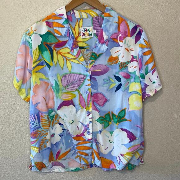 Jams World Colorful Tropical Watercolor Floral Casual Button Up Blouse Large - Picture 2 of 10